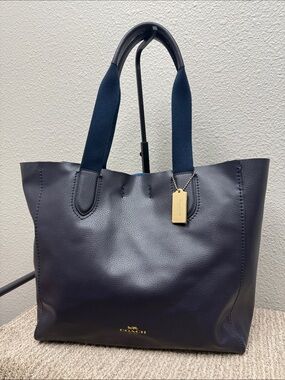 Coach Dark Navy Large Leather Derby Tote with Blue Webbed Handles- NWOT